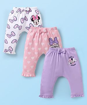 Babyhug Disney Interlock Knit Full Length Diaper Leggings With Minnie Mouse Graphics & Bow Detailing Pack Of 3 - Purple Pink & White