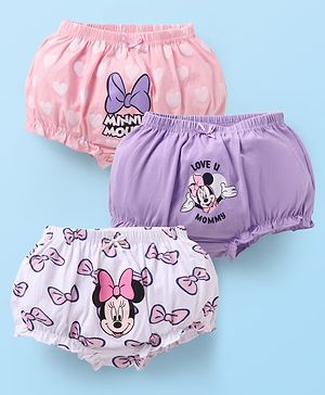 Babyhug Disney Single Jersey Knit Bloomers with Minnie Mouse Graphics Pack of 3 - Pink White & Lavender