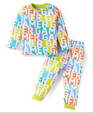 Babyhug Cotton Knit Full Sleeves Night Suit with Text Print - Light Green