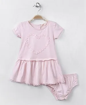 Fox Baby Half Sleeves Frock With Bloomer Heart Design - Pink