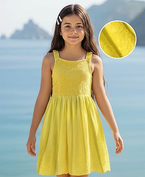 Pine Kids Cotton Woven Sleeveless Frock with Floral Embroidery & Smocked Detailing - Yellow