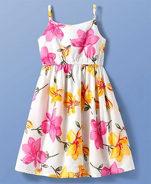 Pine Kids Cotton Woven Sleeveless Frock with Floral Print - White