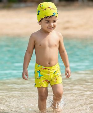 Babyhug Swimming Trunk With Dino Print & Swimming Cap - Yellow