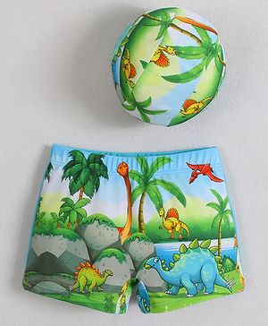 Babyhug Swimming Trunks & Cap with Dino Print - Green