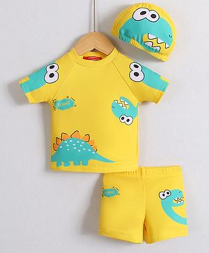 Babyhug Half Raglan Sleeves Two Piece Swimsuit With Dino Print & Swimming Cap - Yellow