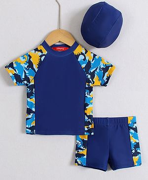 Babyhug Half Raglan Sleeves Two Piece Swimsuit With Dino Print & Swimming Cap - Navy Blue