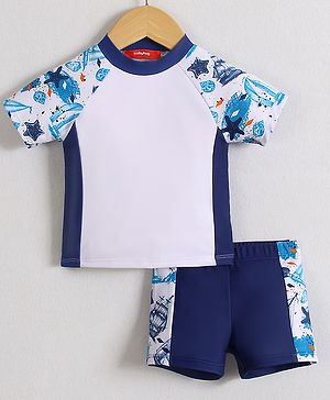 Babyhug Half Raglan Sleeves Two Piece Swimsuit With Ship Print - White