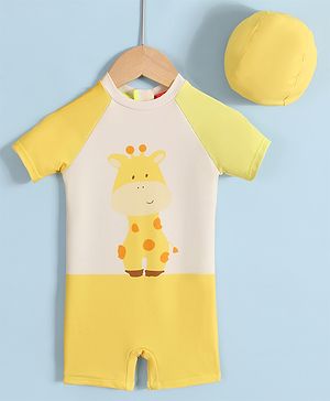 Babyhug Half Raglan Sleeves Legged Swimsuit with Giraffe Print - Yellow