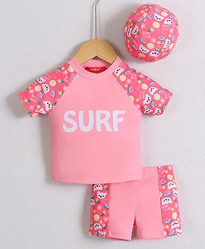 Babyhug Half Raglan Sleeves Two Piece Swimsuit & Cap with Teddy & Text Print - Pink