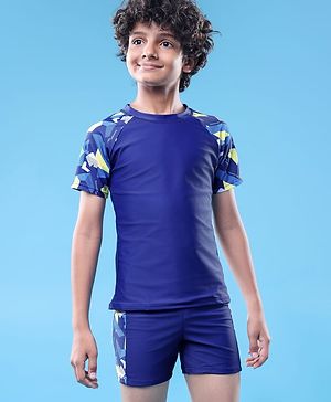 Pine Active Half Raglan Sleeves Printed Two Piece Swimsuit - Navy Blue