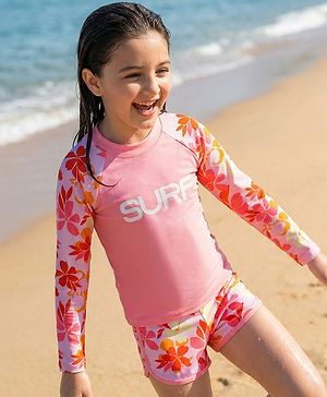 Pine Kids Full Raglan Sleeves Two Piece Swimsuit With Floral Print - Pink
