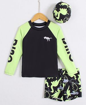 Pine Kids Full Raglan Sleeves Two Piece Swimsuit with Dino Print - Black