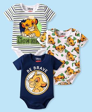 Babyhug Disney Interlock Knit Half Sleeves Onesies with Simba Graphics & Stripes Pack of 3 - White & Navy Blue