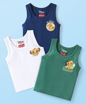 Babyhug Disney Interlock Knit Sleeveless Vests with Simba Graphics Pack of 3 - Green Navy Blue & White