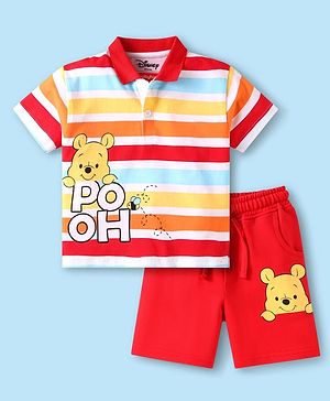 Babyhug Disney Single Jersey Knit Half Sleeves Striped Polo T-Shirt & Shorts Set With Winnie The Pooh Graphics - Red