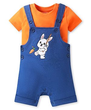 Babyhug Single Jersey Knit Bunny Embroidered Dungaree & Half Sleeves Solid T-Shirt Set - Orange & Blue