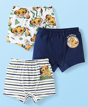 Babyhug Disney Cotton Knit Mid Thigh Trunks With Simba Graphic Pack Of 3 - White & Navy Blue