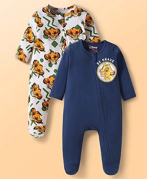 Babyhug Dinsey Interlock Full Sleeves Footed Sleepsuit With Simba Graphic Pack Of 2 - Navy Blue & White