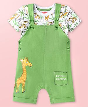 Babyhug Single Jersey Knit Jungle Theme Printed Dungaree & Half Sleeves T-Shirt Set - Green