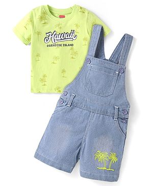 Babyhug Single Jersey Woven Dungaree & Half Sleeves T-Shirt With Tree Print - Blue & Green