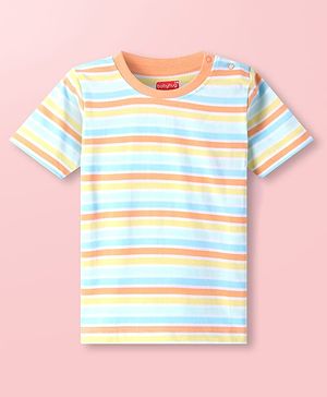 Babyhug Cotton Knit Half Sleeves  T-Shirt with Stripes - Blue & Yellow