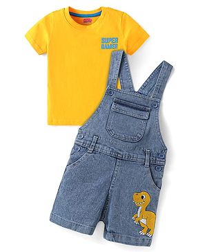 Babyhug Single Jersey Woven Dungaree & Half Sleeves T-Shirt With Dino Embroidery - Blue