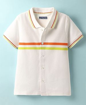 Pine Kids Knit Half Sleeves Shirt With Striped Detailing - White