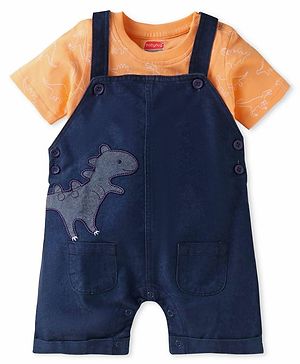 Babyhug Single Jersey Knit Half Sleeves T-Shirt & Dungaree Set with Dino Print & Embroidery - Navy Blue & Orange