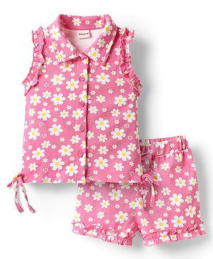 Babyhug Single Jersey Knit Sleeveless Top & Shorts Co-Ord Set With Floral Print - Pink