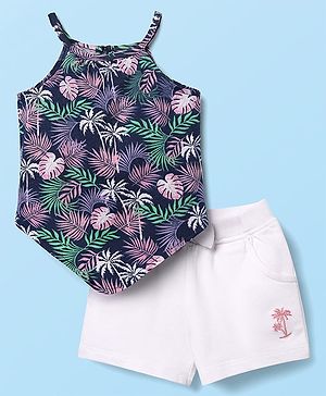 Babyhug Single Jersey Knit Sleeveless Top & Shorts Set with Tropical Theme Print & Bow Applique - White & Navy Blue