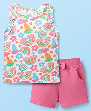 Babyhug Single Jersey Knit Sleeveless Top & Shorts Set With Floral & Rainbow Print - White & Pink