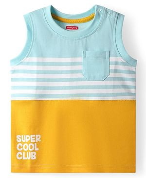 Babyhug Cotton Knit Sleeveless  Cut & Sew Tank T-Shirt with Stripes & Text Print - Yellow