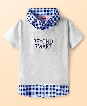Babyhug Cotton Knit Half Sleeves Overlapped T-Shirt with Checks & Beyond Smart Text Print - Grey & Blue