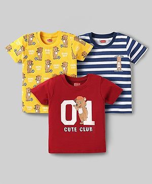 Babyhug Cotton Knit Half Sleeves T-Shirts With Stripes & Animal Print Pack Of 3 - Dark Red & Yellow
