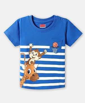 Babyhug Cotton Knit Half Sleeves T-Shirt With Stripes & Animal Print - Blue
