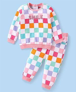 Babyhug Interlock Knit Full Sleeves T-Shirt & Lounge Pant Set With Checks - White