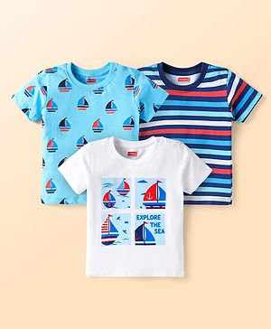 Babyhug Cotton Knit Half Sleeves T-Shirts With Stripes & Nautical Print Pack Of 3 - Blue & White
