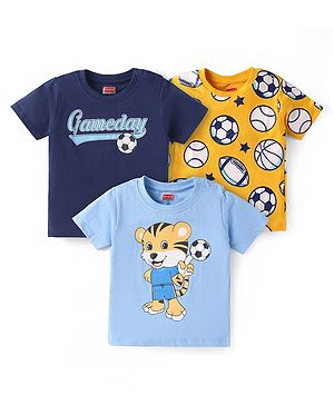 Babyhug Cotton Knit Half Sleeves T-Shirts With Sports Theme Graphics Pack Of 3 - Yellow & Navy Blue