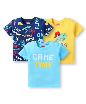 Babyhug Cotton Knit Half Sleeves T-Shirts With Dino Print & Gaming Theme Text Print Pack Of 3 - Light Blue Navy Blue & Yellow
