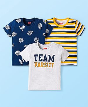 Babyhug Cotton Knit Half Sleeves T-Shirts With Stripes & Team Varsity Text Print Pack Of 3 - Yellow & Navy Blue