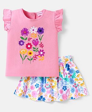Babyhug Single Jersey Frill Sleeves Top & Skirt Set With Floral Print - Pink & White