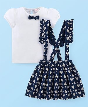 Babyhug Single Jersey Knit Puffed Sleeves Top & Skirt With Bow Applique & Heart Print - Navy Blue & White