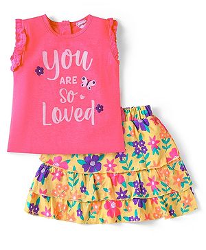 Babyhug Single Jersey Knit Sleeveless Top & Skirt With Floral & Text Print - Dark Pink & Mustard
