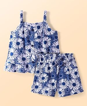 Babyhug Single Jersey Knit Singlet Sleeves Top & Shorts Set with Floral Print - Blue