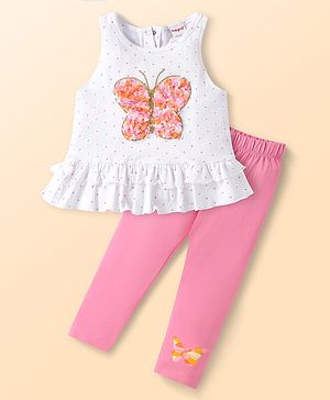 Babyhug Single Jersey Knit Sleeveless Polka Dot Printed Top & Butterfly Printed Legging Set With Butterfly Applique - White & Pink