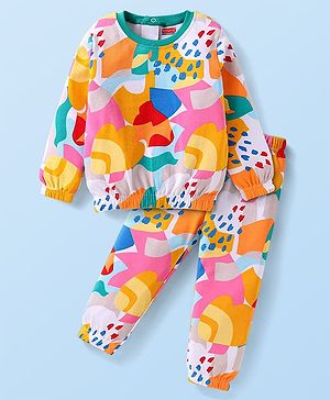 Babyhug Knit  Interlock Knit Full Sleeves T-Shirt & Lounge Pants Set With Abstract Print - Yellow Orange