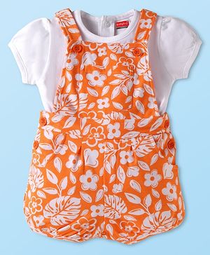 Babyhug Interlock Knit Half Puffed Sleeves Top & Dungaree with Floral & Text Print - Orange & White
