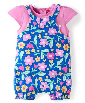 Babyhug Interlock Knit Dungaree & Cap Sleeves T-Shirt With Floral Print - Blue & Pink