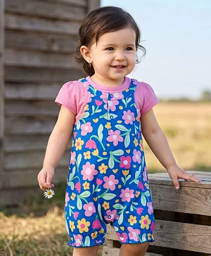 Babyhug Interlock Knit Dungaree &
                              Cap Sleeves T-Shirt With Floral Print -
                              Blue & Pink