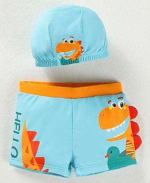 Babyhug Swimming Trunk & Cap with Dino Print - Blue